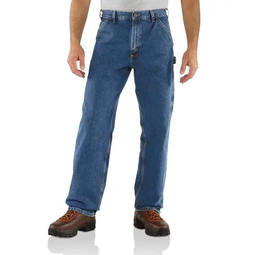 A Man in a Washed Denim Work Jeans
