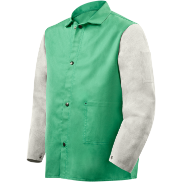 A Green Jacket With White Leather Sleeves