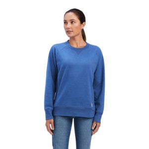 A woman wearing a blue color sweatshirt